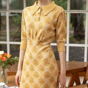 Simple Retro Ariana Iris Jacquard Knit Midi Dress XS Yellow Floral